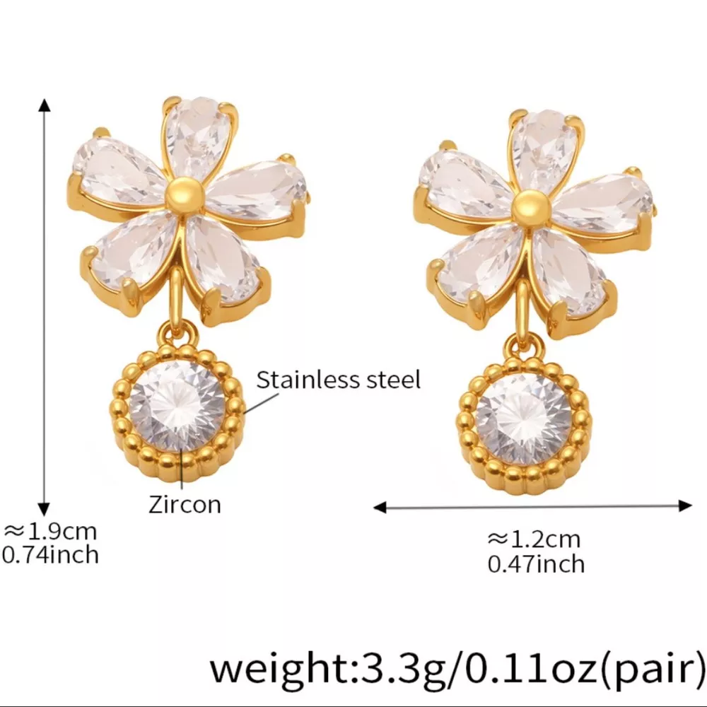 18K Gold-Plated Stainless Steel Zircon Flower Drop Earrings, image 7