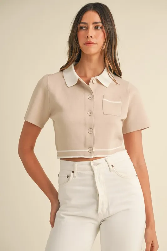 Button Down Contrast Collared Knit Cardigan