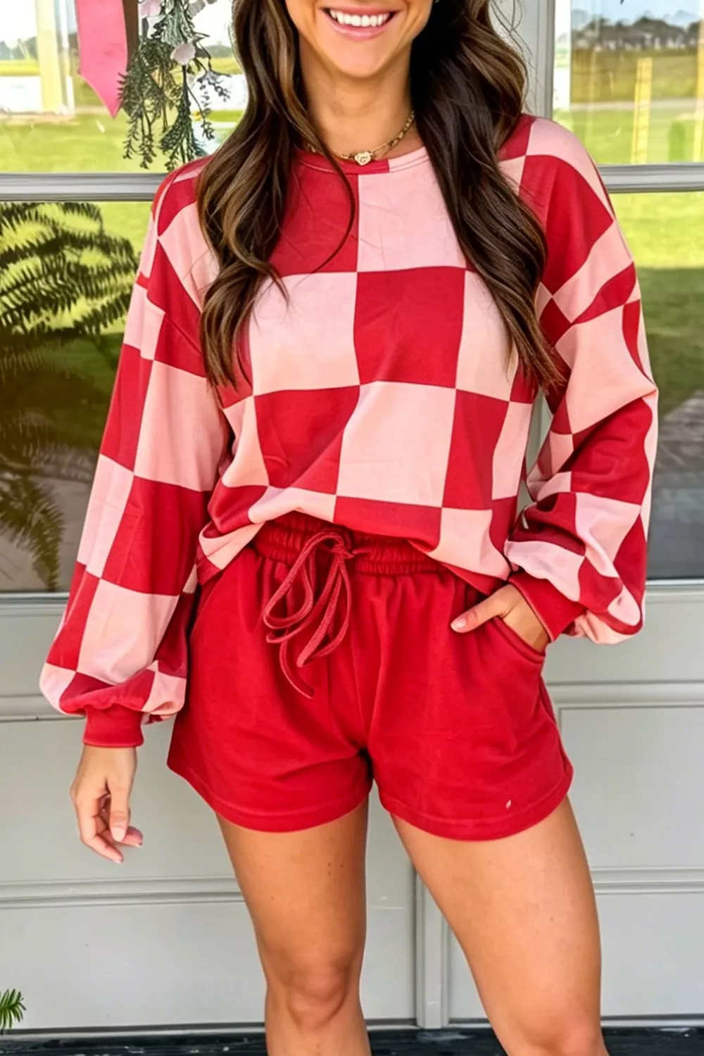 Checkerboard Top and Drawstring Shorts Cozy Set, image 2