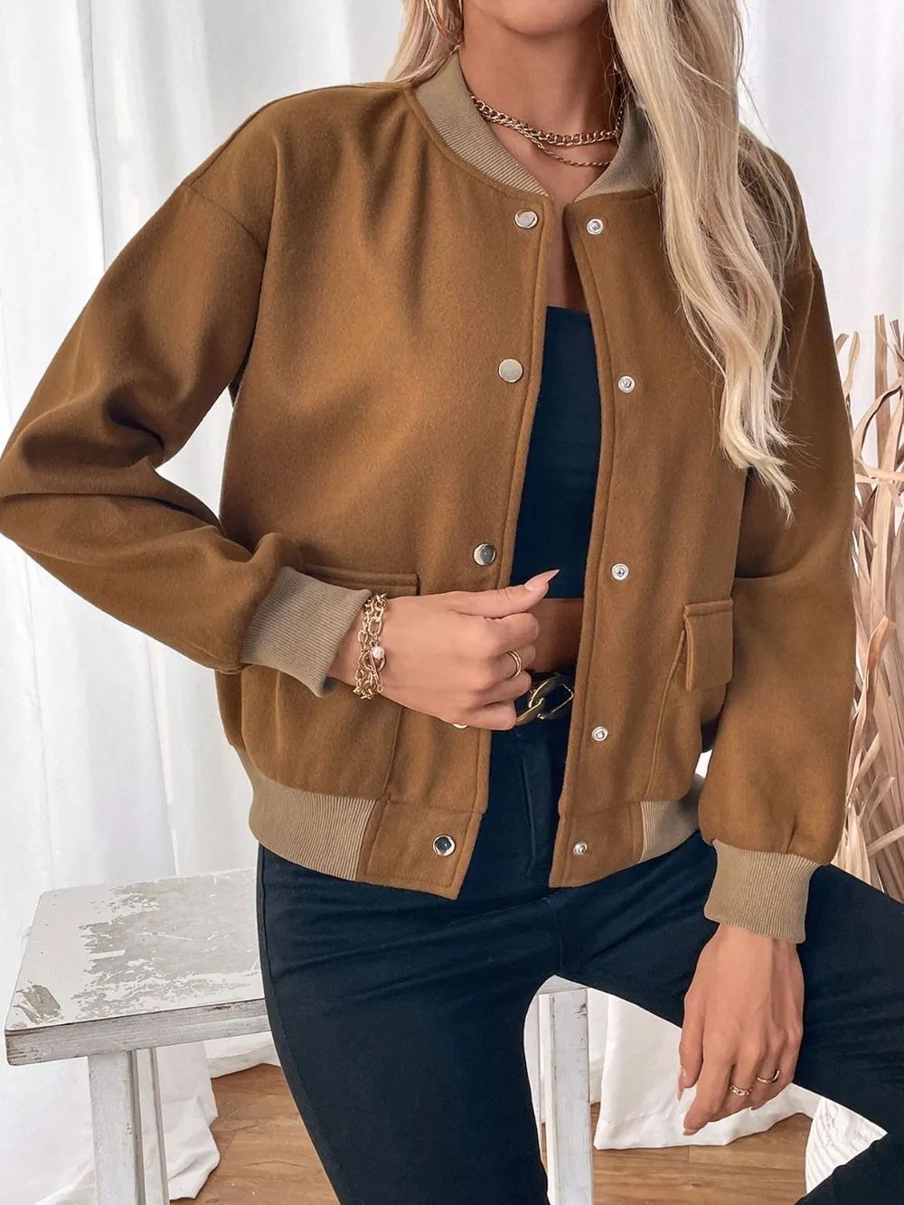 Baseball Collar Snap Down Long Sleeve Jacket, image 7