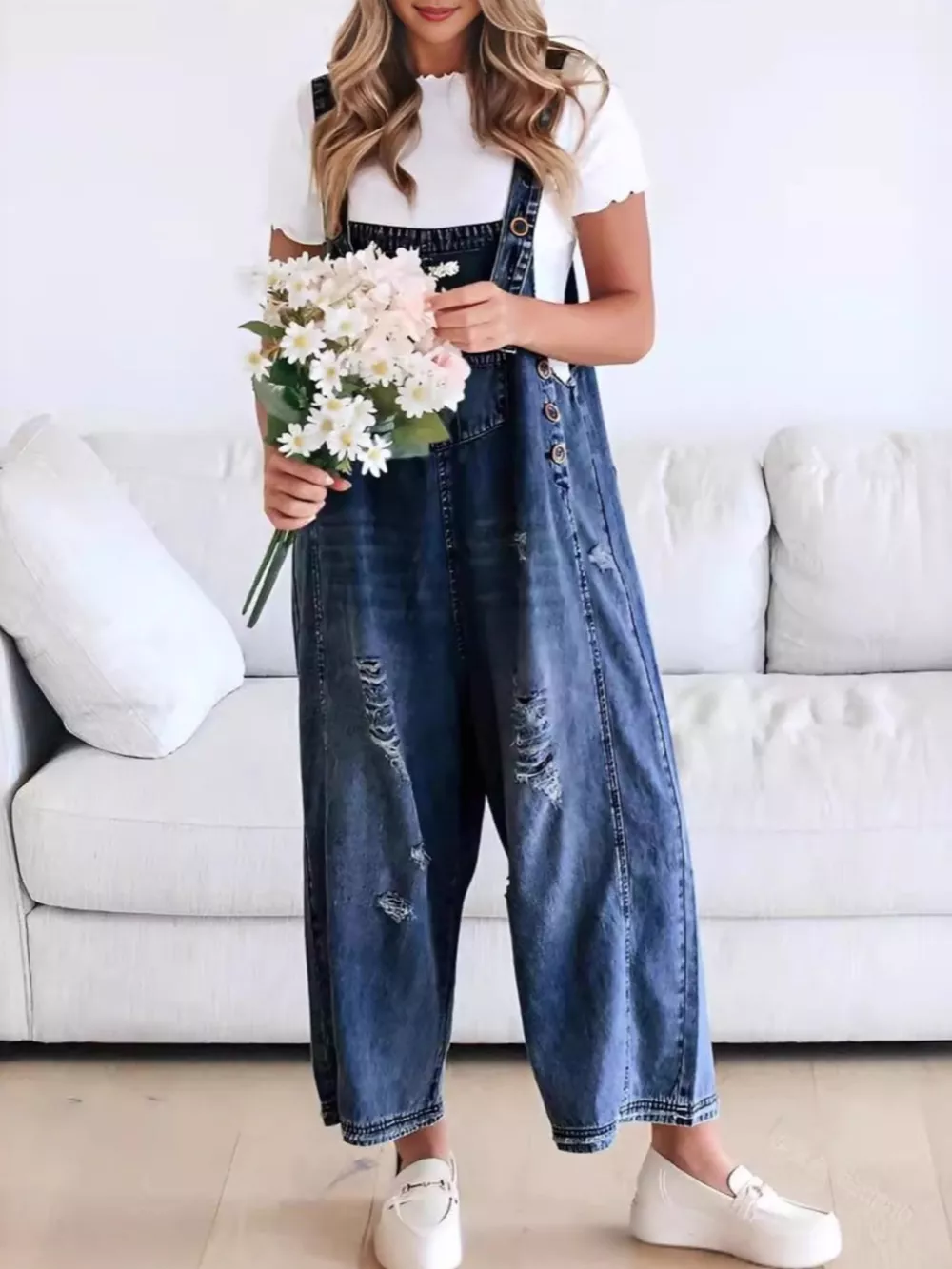 Distressed Wide Leg Denim Overalls, image 20