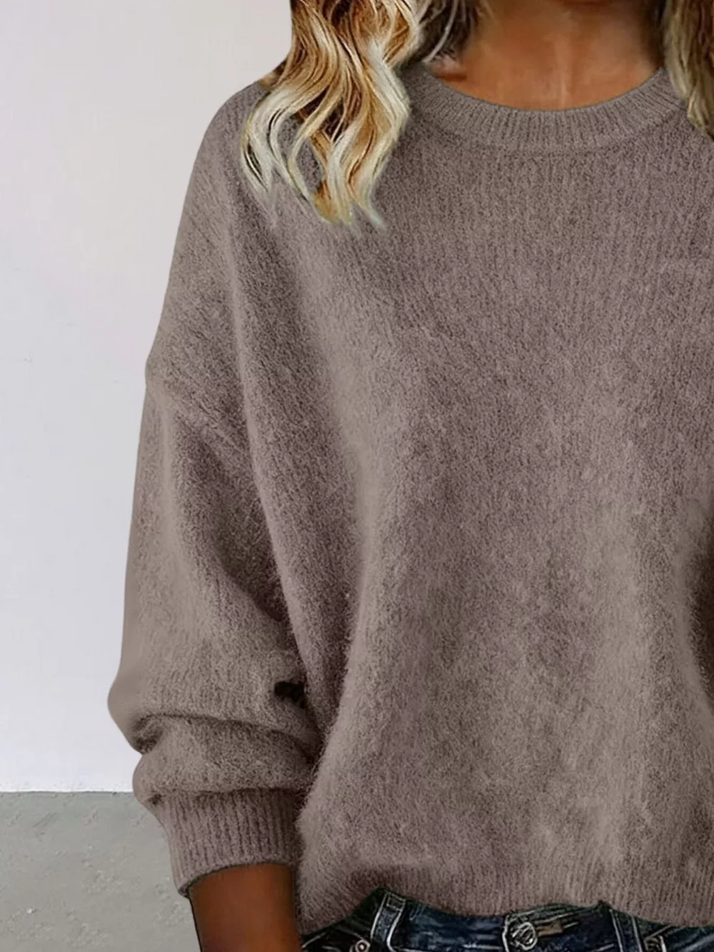 Full Size Round Neck Dropped Shoulder Sweater Plus Size, image 14