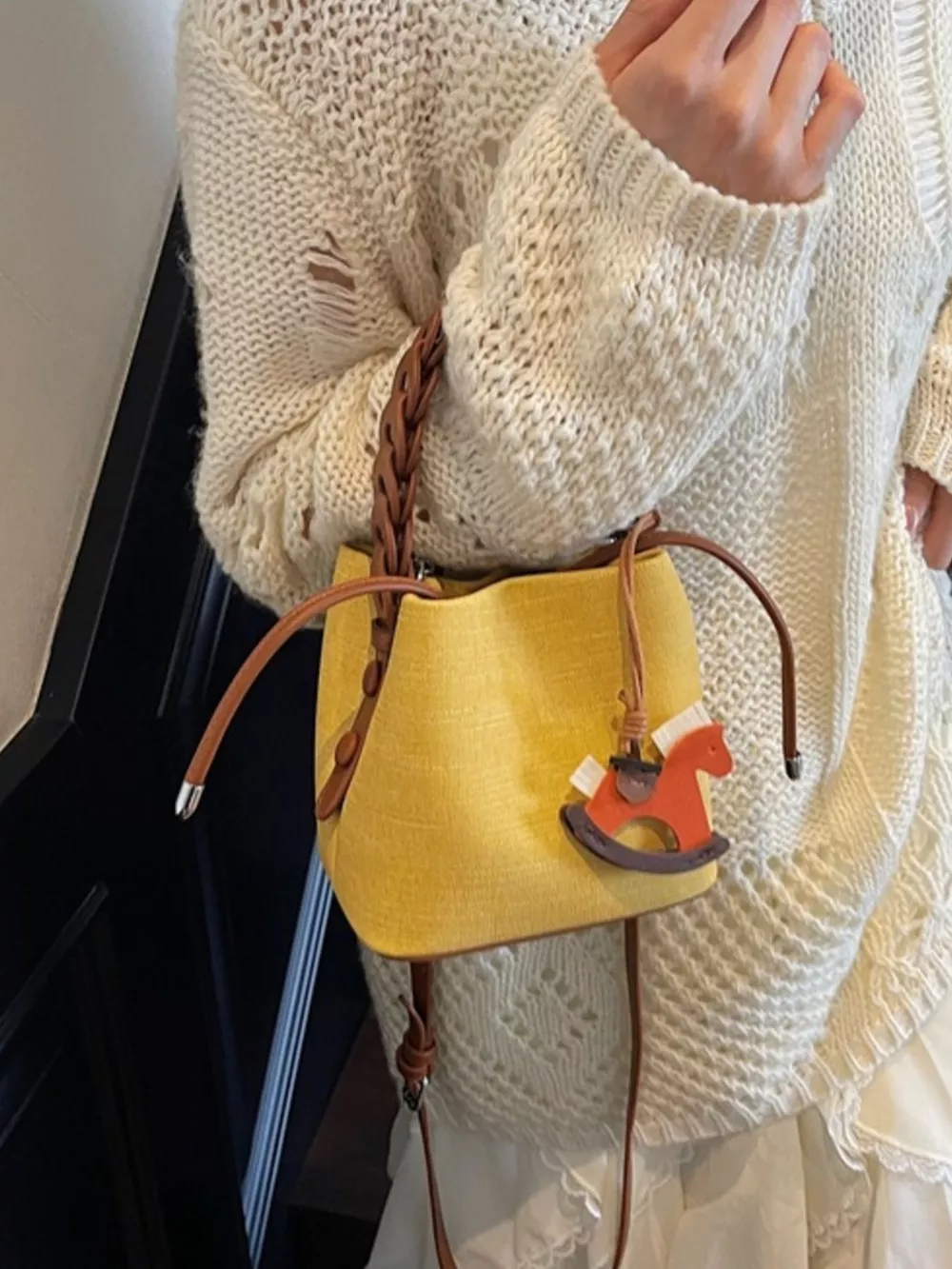 Braided Top Handle Bucket Crossbody Bag, image 5