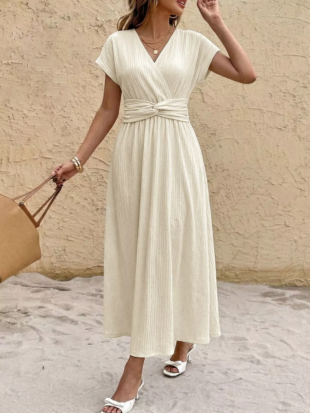 Surplice Short Sleeve Midi Dress