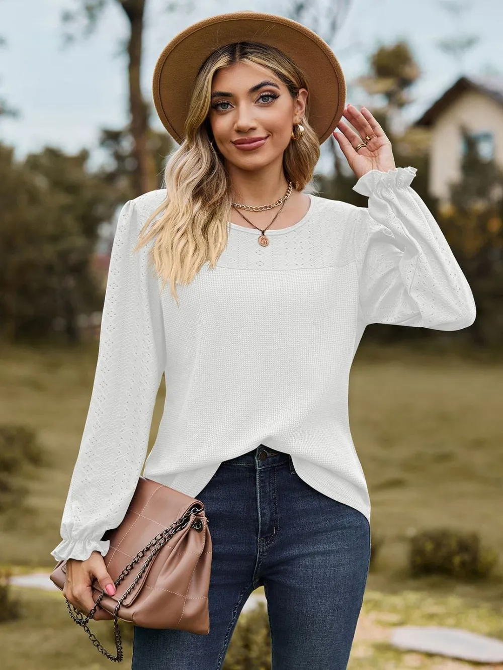 Round Neck Flounce Sleeve Top, image 3