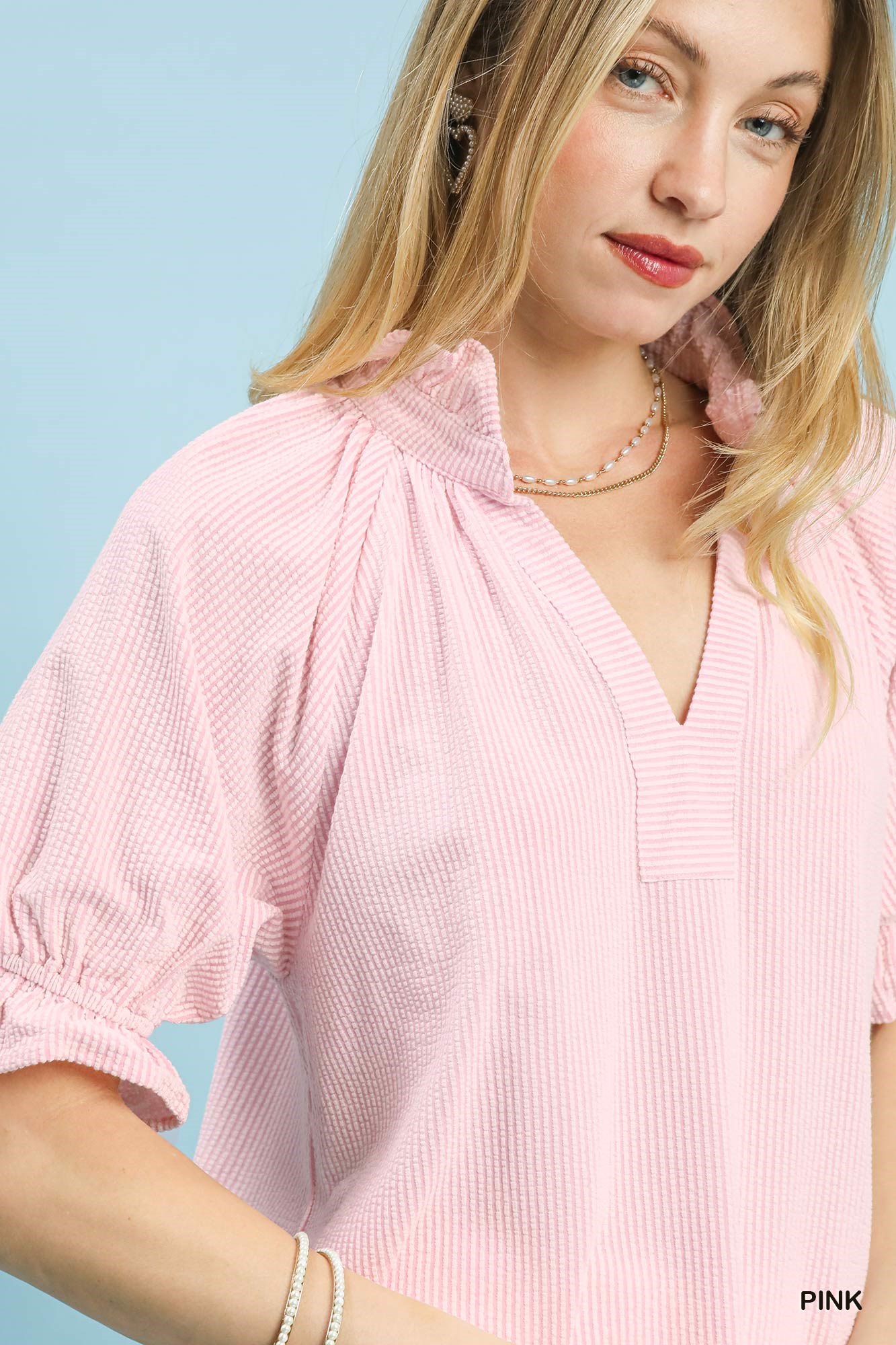 Textured Ruffle Sleeve V-Neck Top, image 6