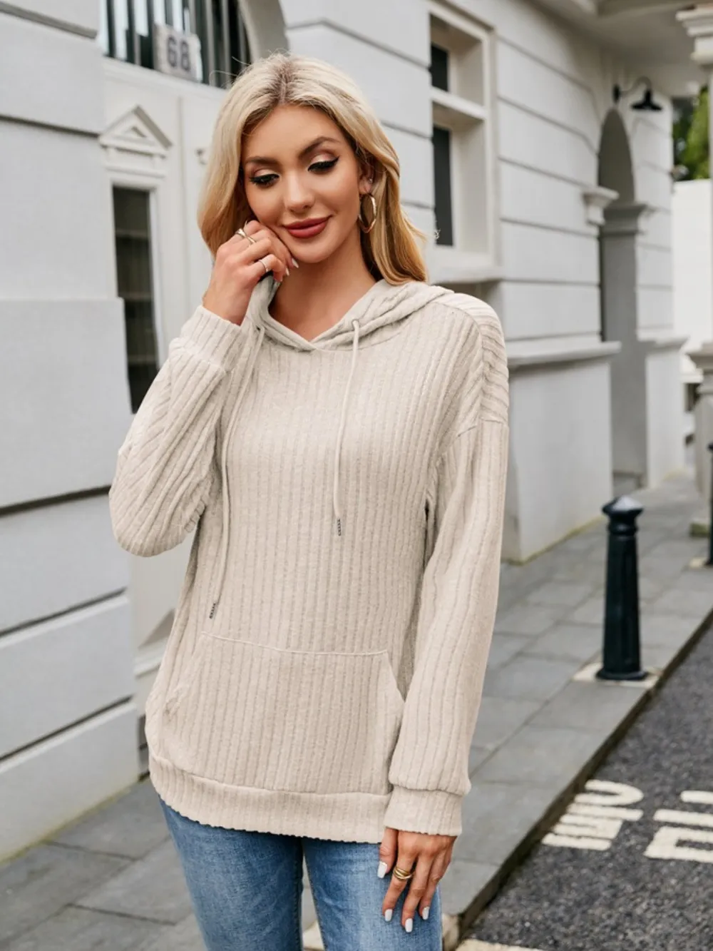 Ribbed Drawstring Long Sleeve Hoodie, image 5