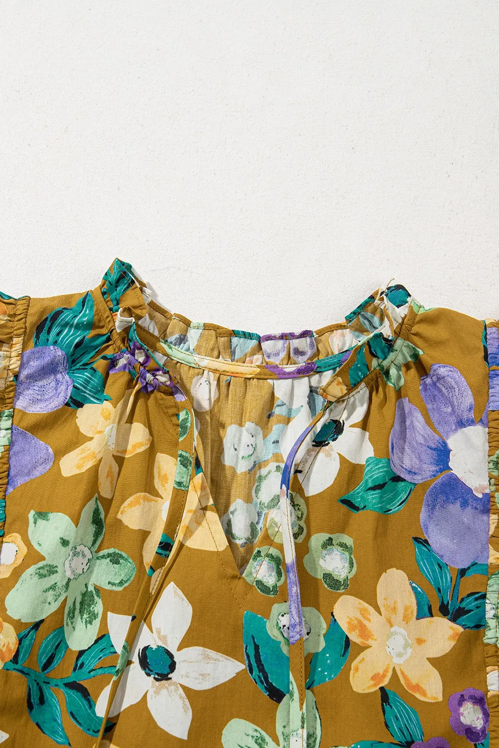 Floral Print Ruffle Cap Sleeve Tie Neck Top, image 11