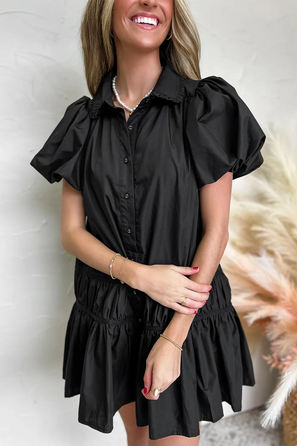 Button Down Puff Sleeve Ruffle Hem Dress, image 13