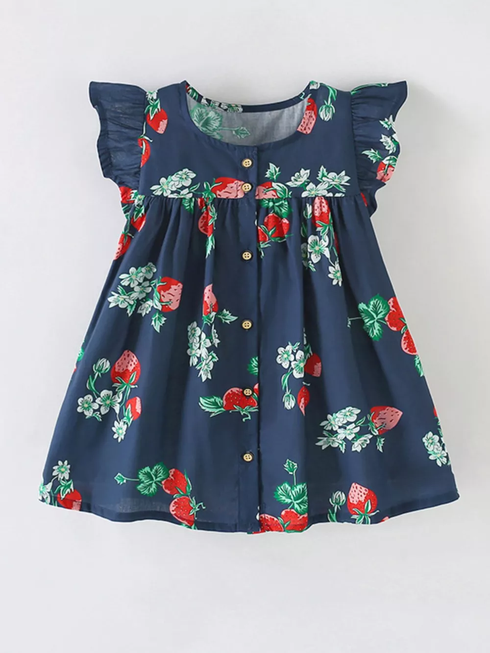 Children's Strawberry Print Ruffle Sleeve Button-Down Dress