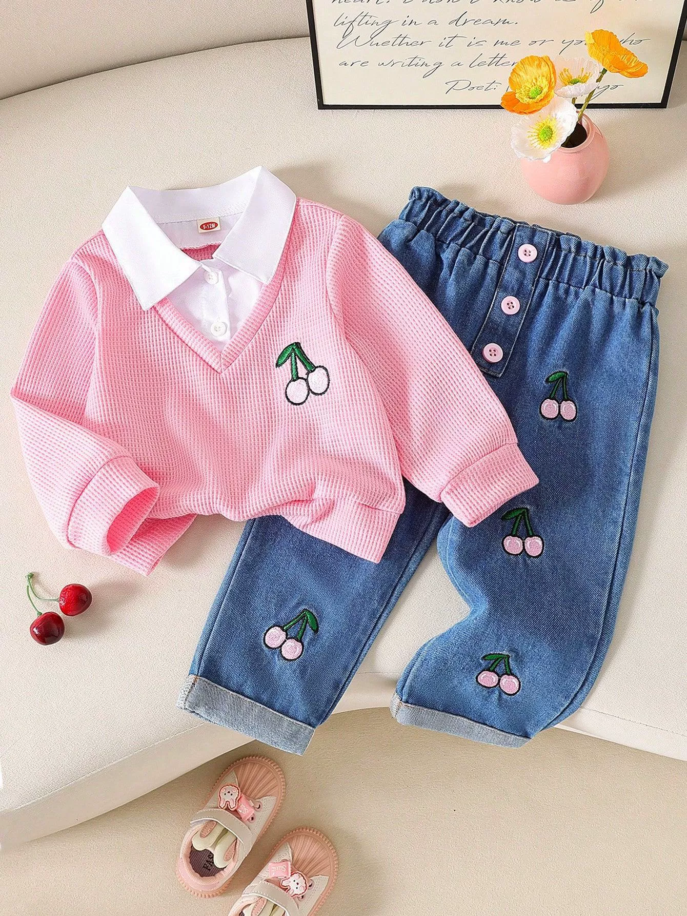 Children's Cherry Embroidered Knit Top and Jeans Set, image 2