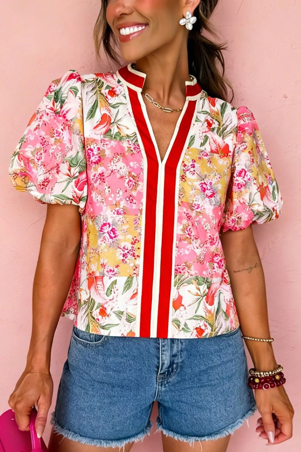 Contrast Collared V Neck Short Sleeve Floral Blouse, image 4