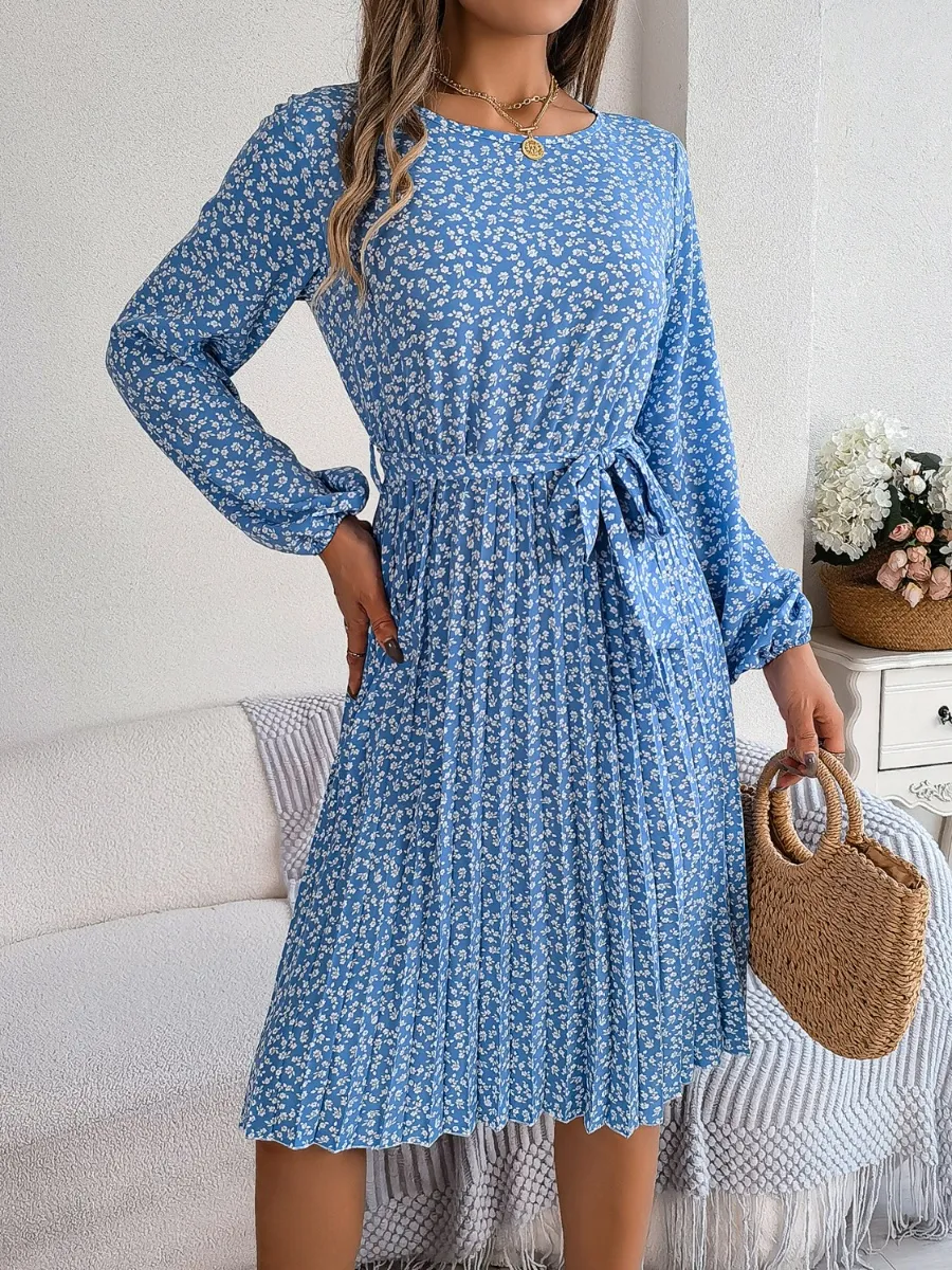 Ditsy Floral Tie Waist Pleated Dress, image 4