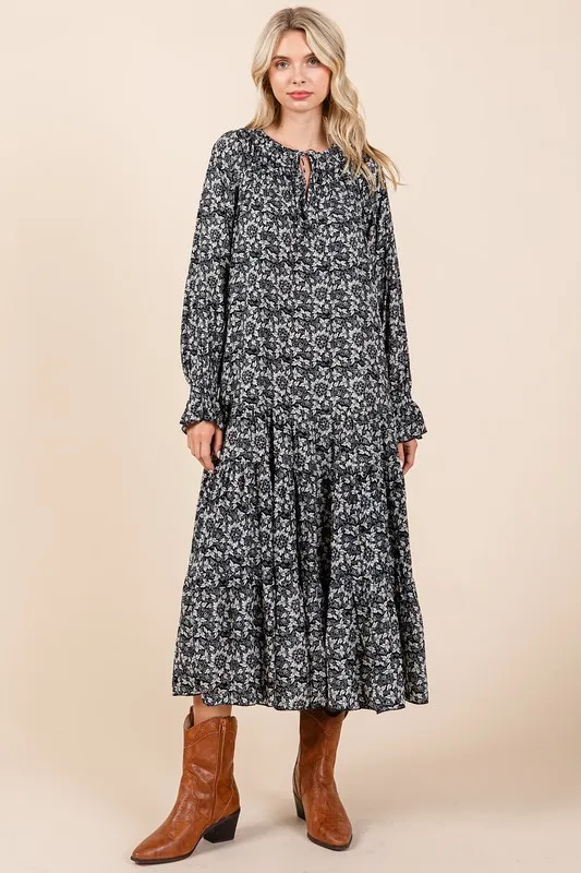 Printed Tie Neck Flounce Sleeve Midi Dress, image 6