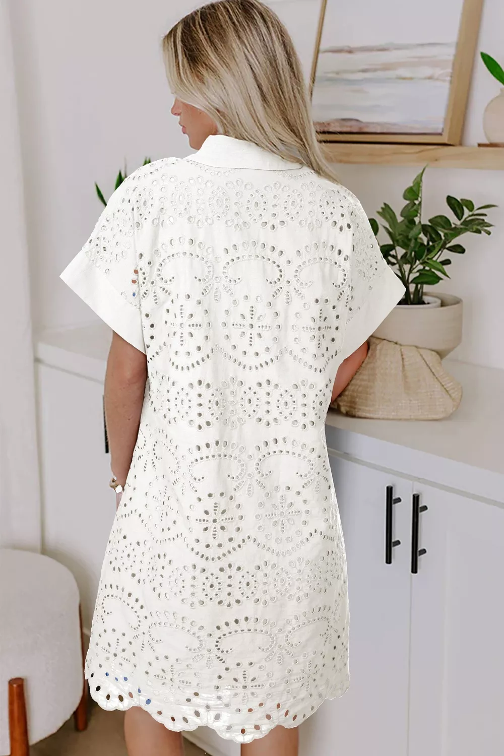 Solid Color Eyelet Embroidered T Shirt Mini Dress, image 3