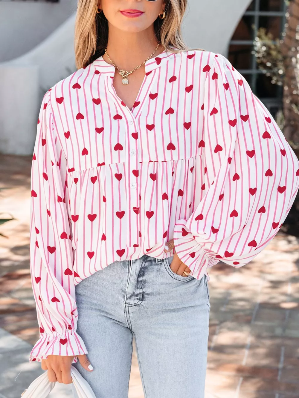Stripe Textured Heart Print Long Flounce Sleeve Shirt, image 6