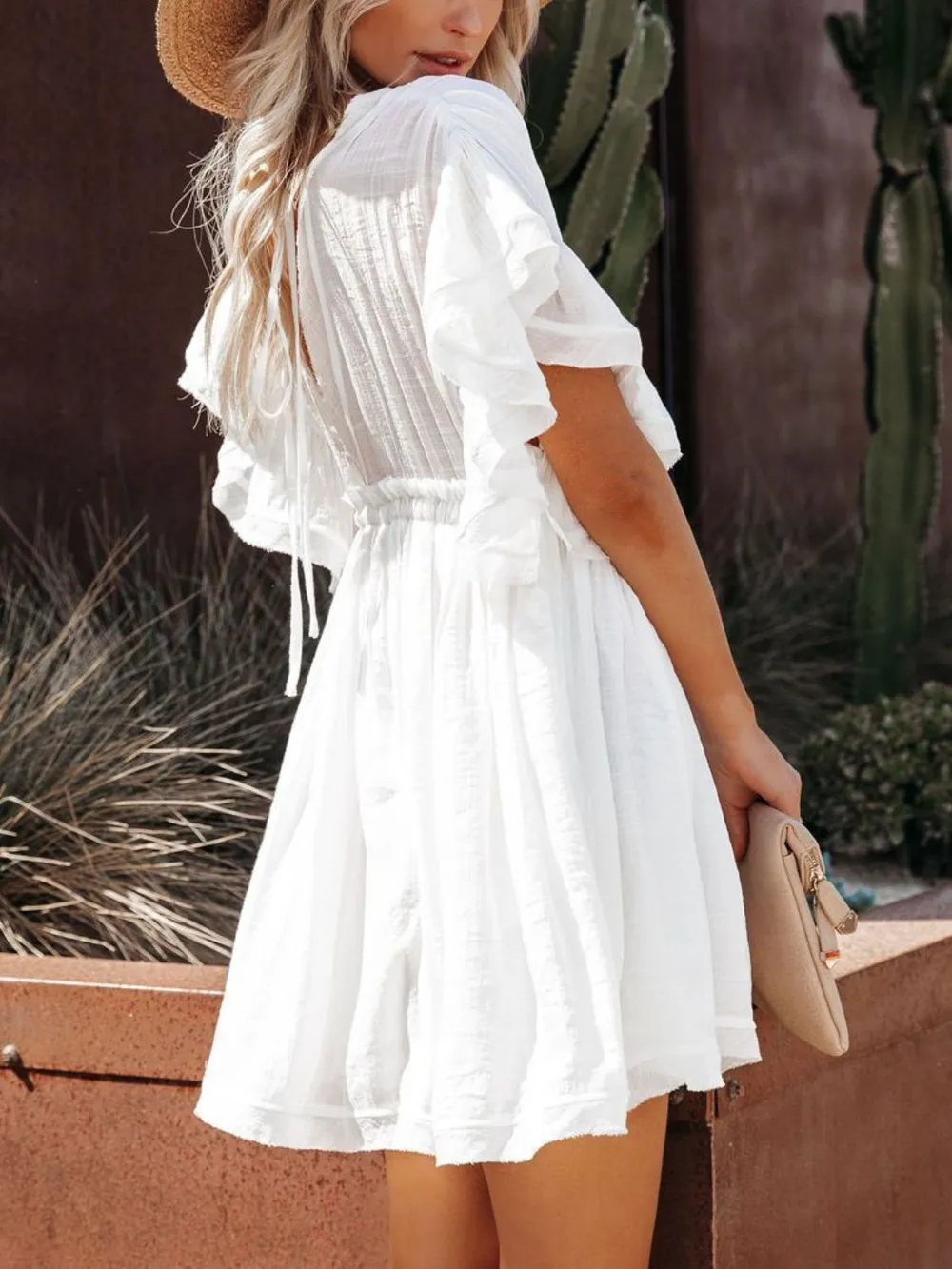 Drawstring Ruffled Half Sleeve Mini Dress, image 7