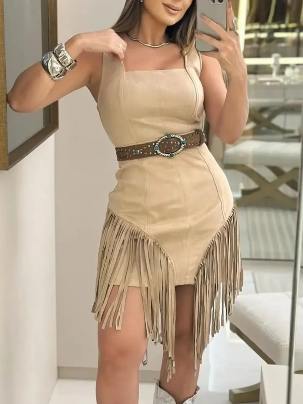 Fringe Square Neck Bodycon Mini Dress, image 8