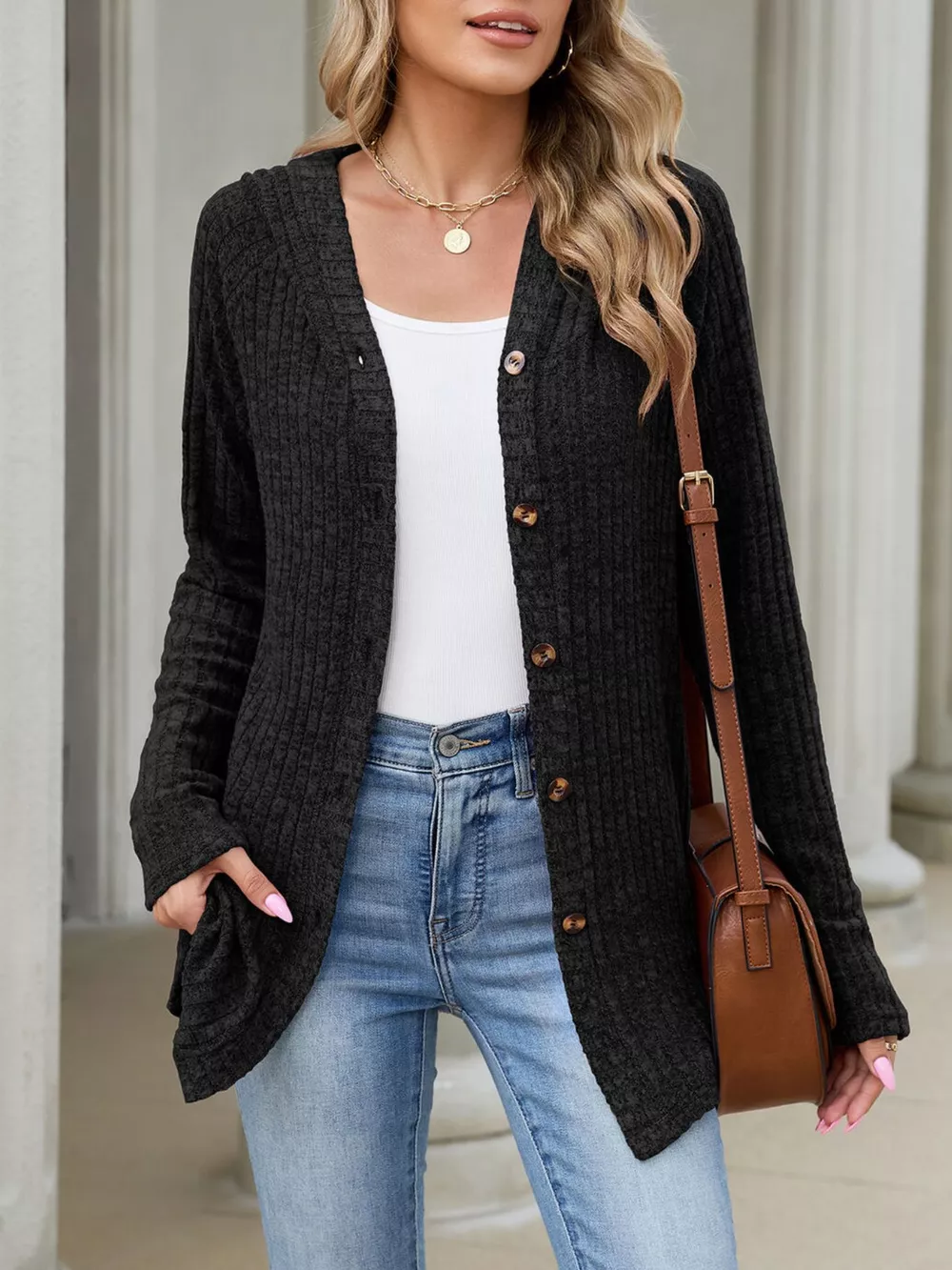 Ribbed Knit Hooded Button-Down Cardigan, image 8