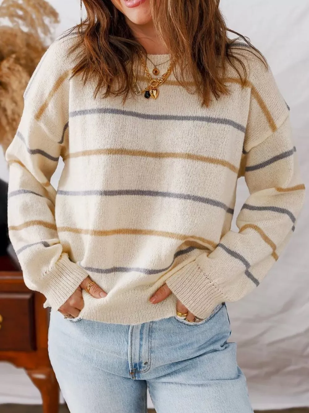 Striped Knit Round Neck Sweater