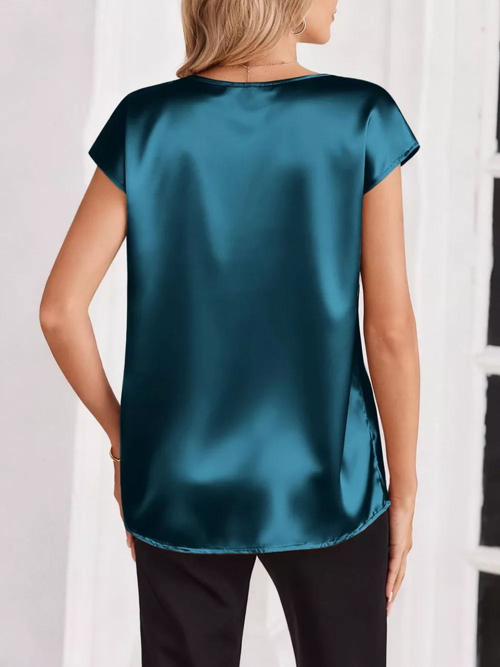 Satin V-Neck Cap Sleeve Blouse, image 4