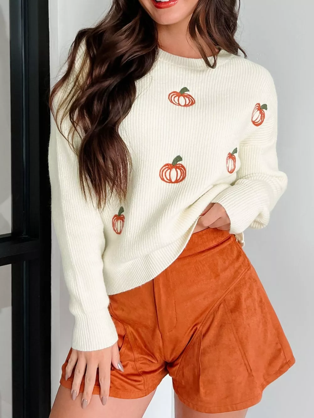 Halloween Pumpkin Embroidered Round Neck Long Sleeve Sweater, image 3