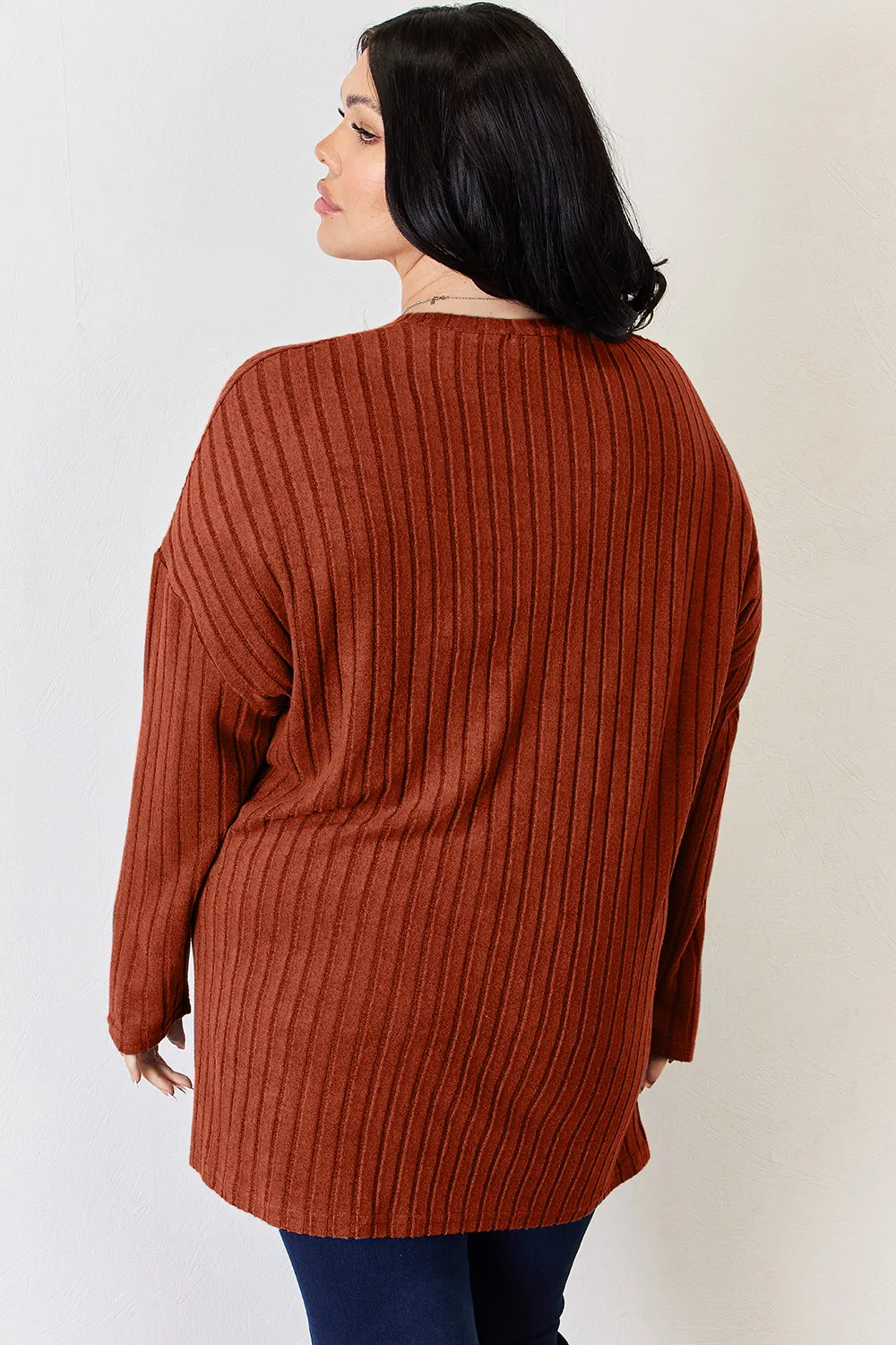Full Size Ribbed Half Button Long Sleeve High-Low T-Shirt, image 34