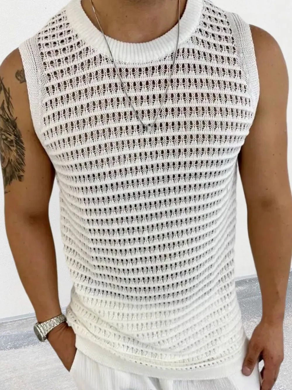 Men's Round Neck Hollow Out Sleeveless Knit Top, image 3