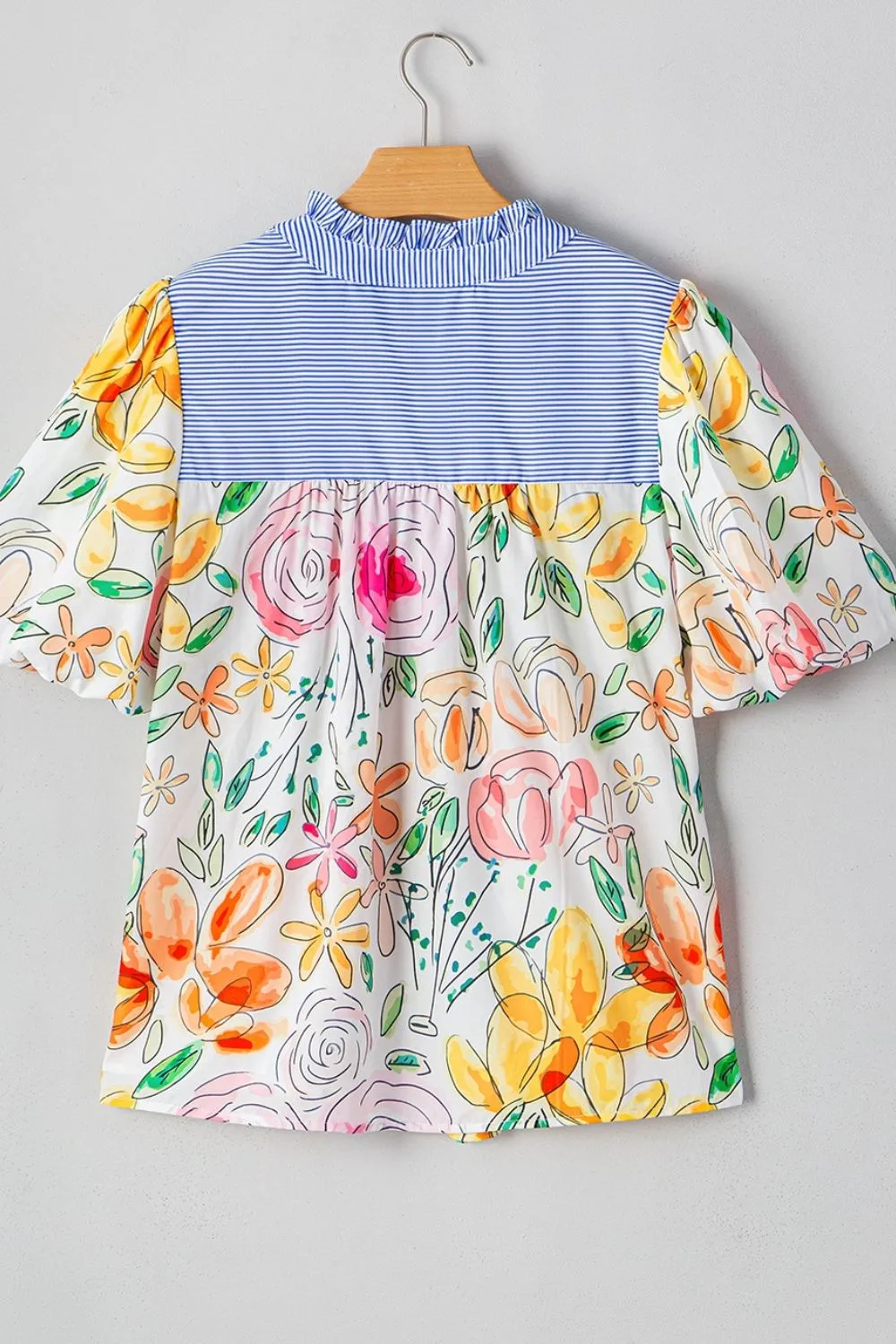 Floral Striped Yoke Frilled Tie Neck Puff Short Sleeve Blouse, image 9