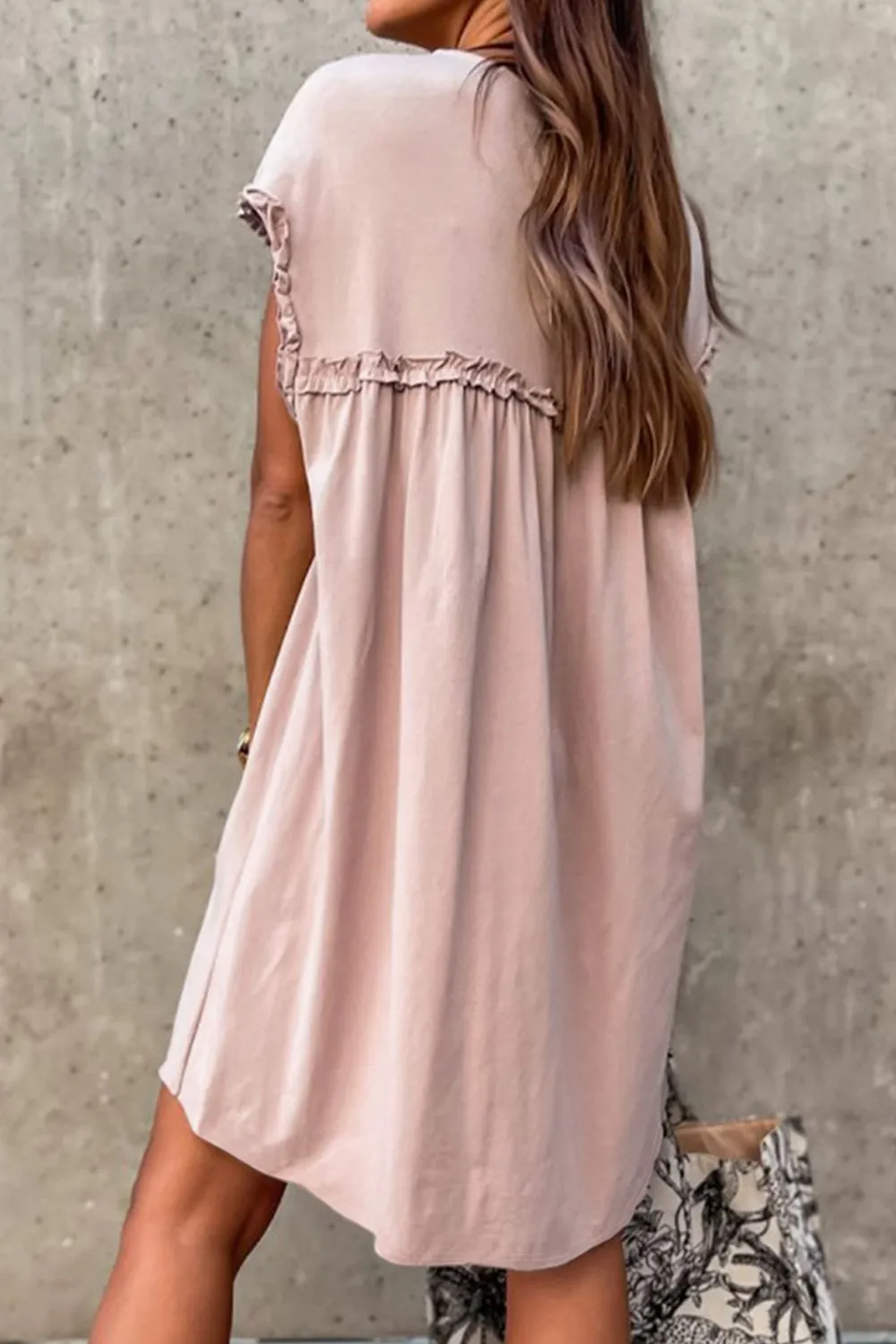 Frilled Trim Crew Neck Cap Sleeve Loose Fit Mini Dress, image 12
