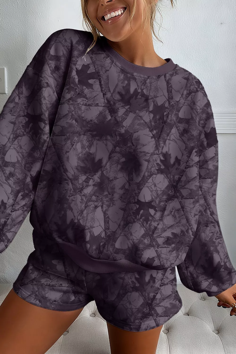 Abstract Woodland Camo Print Baggy Pullover Drawstring Shorts Set, image 14