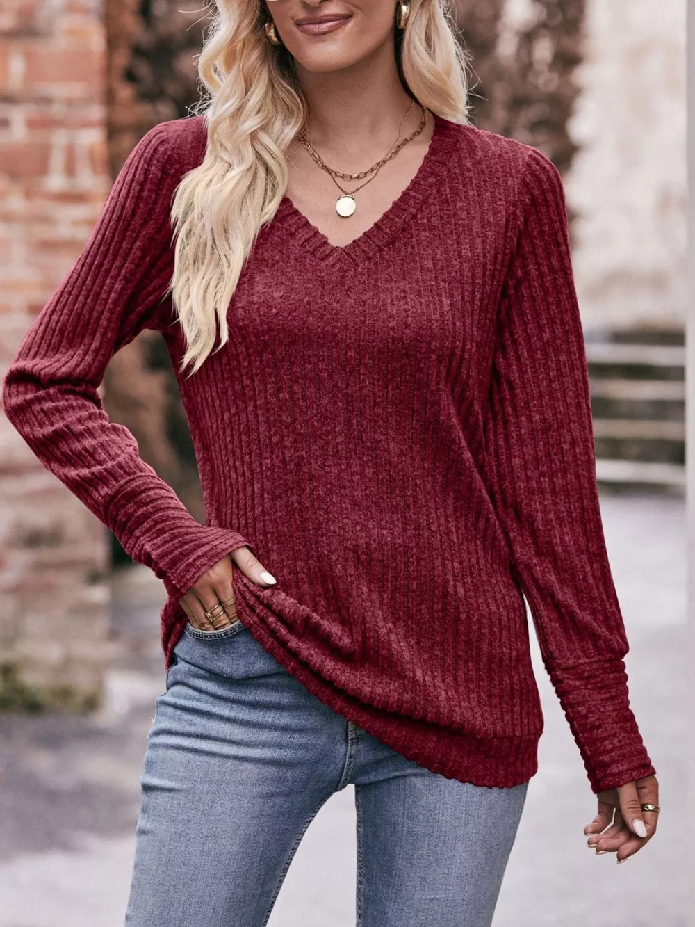 V-Neck Ribbed Knit Long Sleeve T-Shirt, image 10