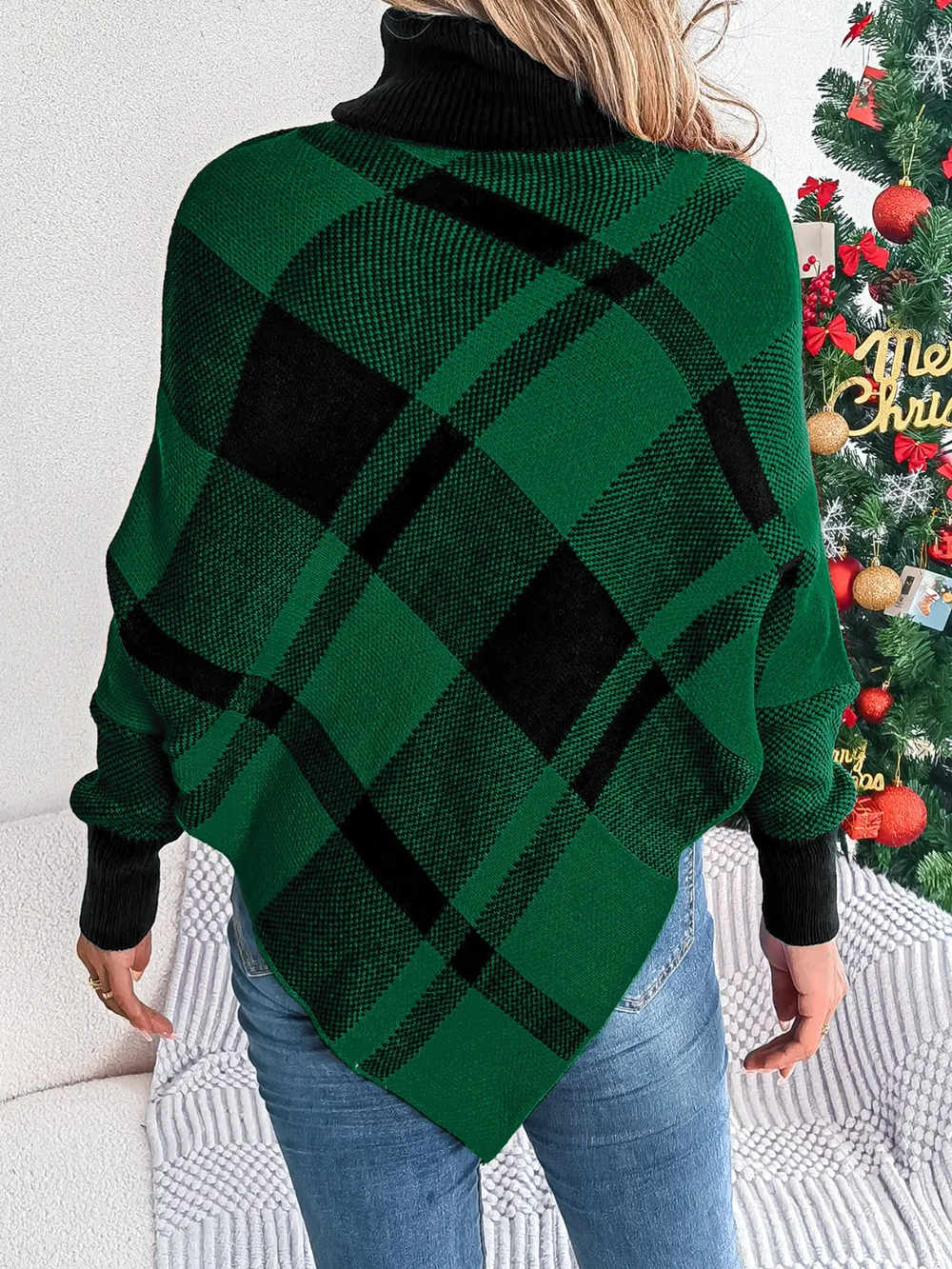 Plaid Turtleneck Batwing Sleeve Sweater, image 5