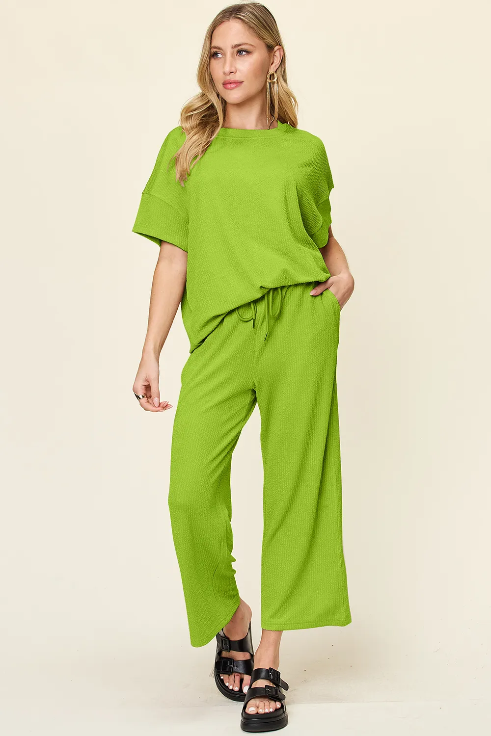 Full Size Texture Round Neck Short Sleeve T-Shirt and Wide Leg Pants, image 32