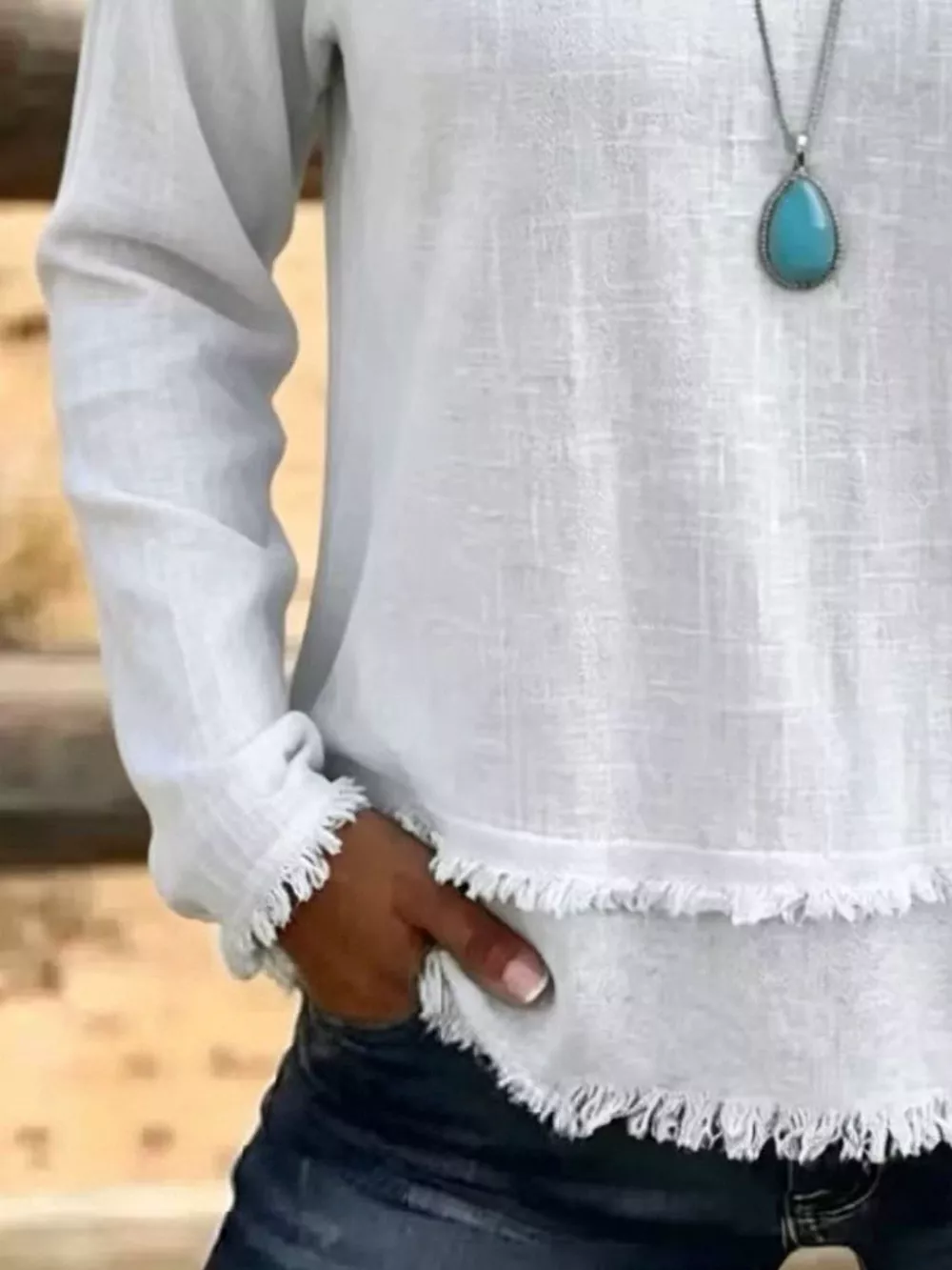 V-Neck Long Sleeve Blouse with Frayed Hem Detail, image 9