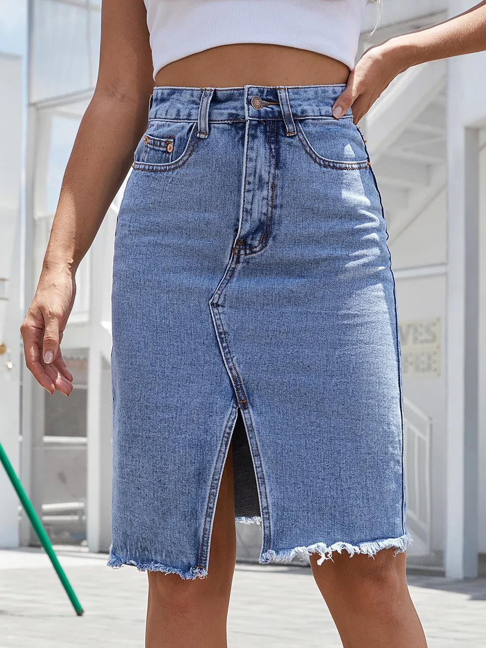 Raw Hem Slit Denim Skirt, image 13