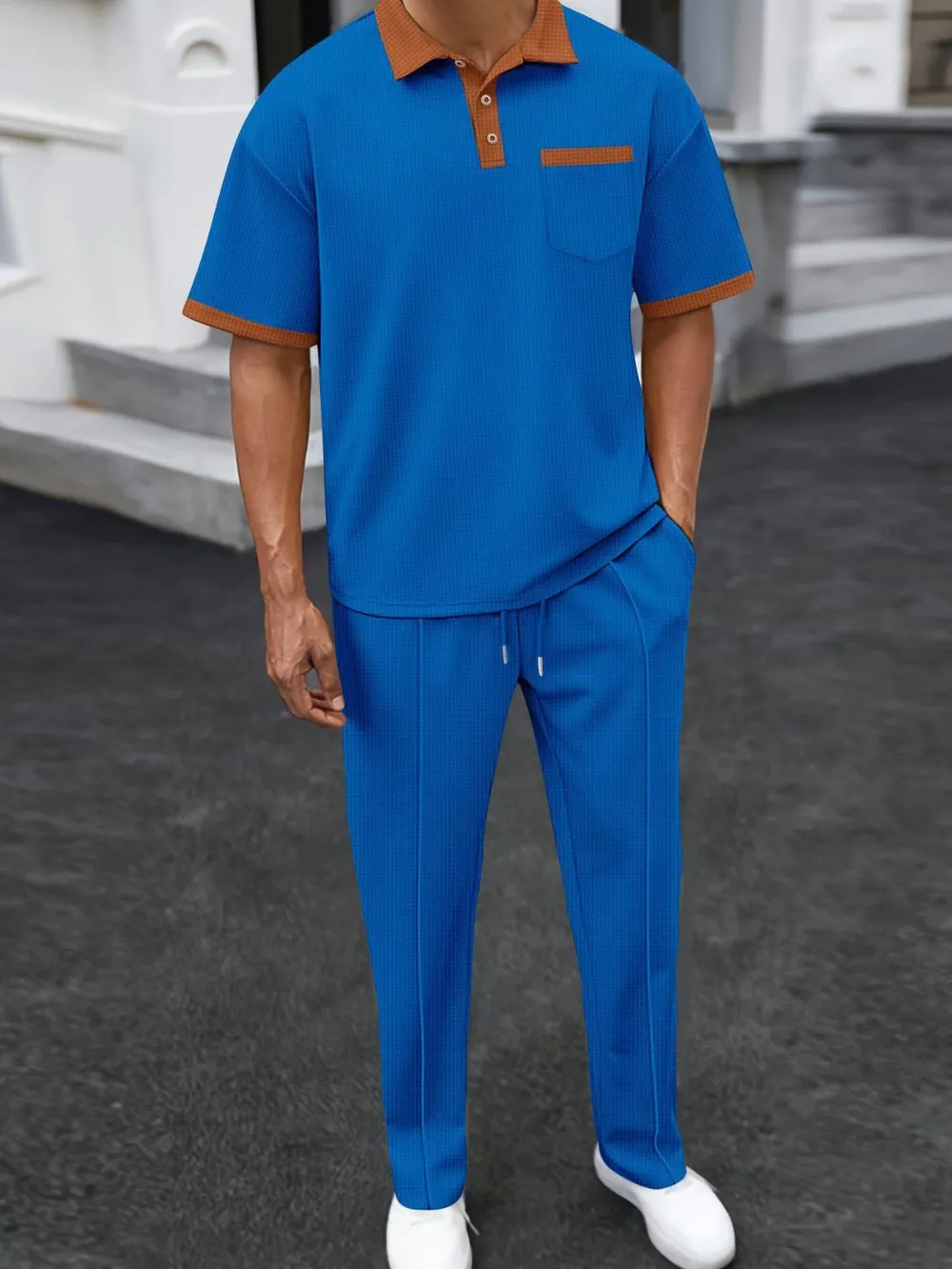 Men's Full Size Waffle-Knit Contrast Polo and Pants Set Plus Size, image 5