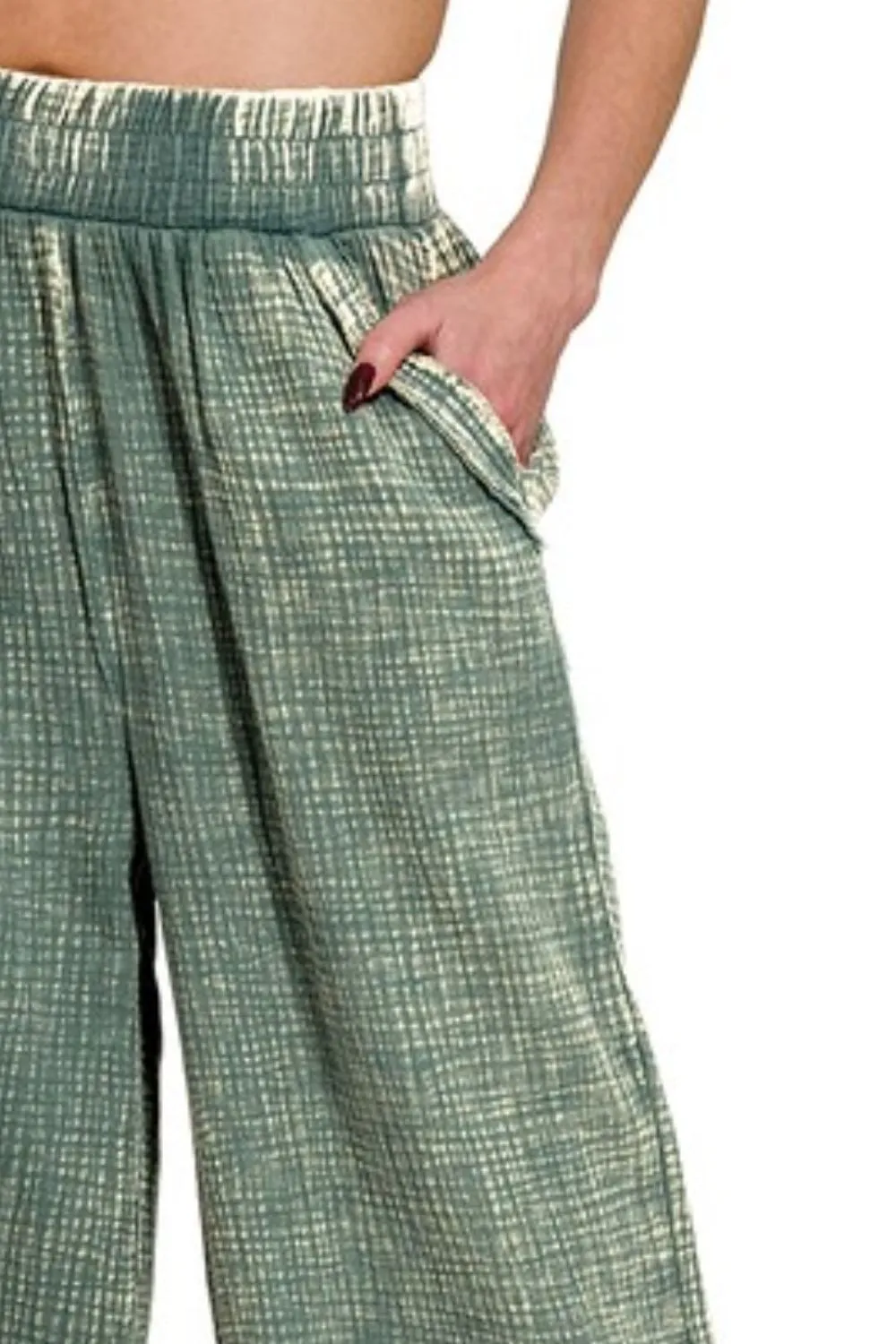 Washed Double Gauze Elastic Band Waist Pants, image 3