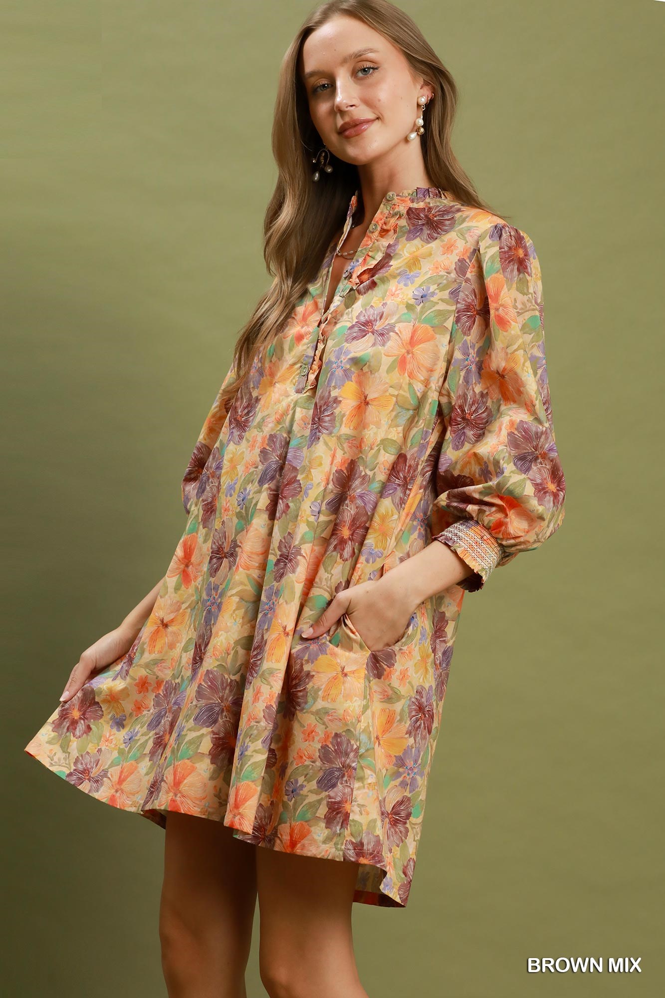 Mix Floral Print Smocked Cuff Mini Dress, image 2