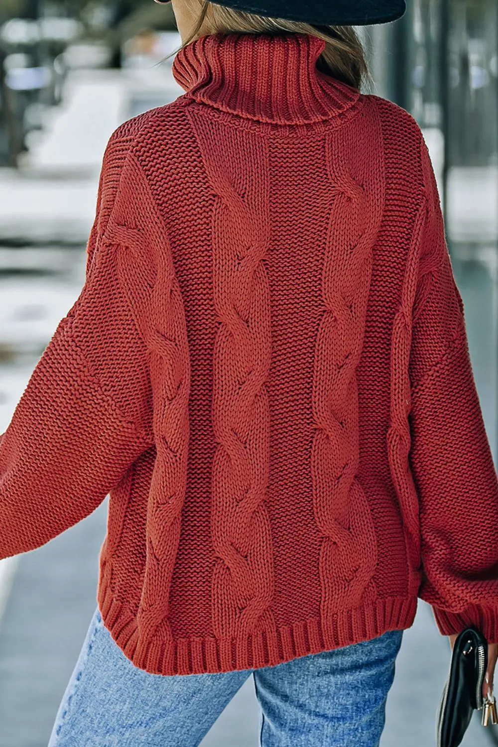 Cable-Knit Turtleneck Dropped Shoulder Sweater, image 9