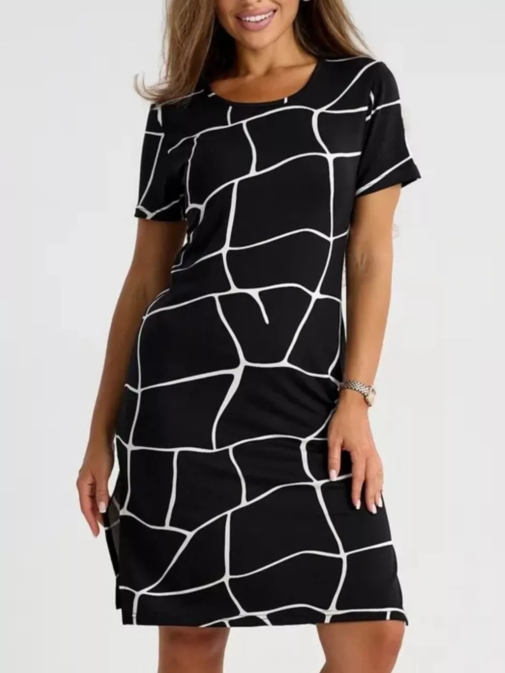 Full Size Geometric Print Midi Dress with Side Slit Plus Size, image 2