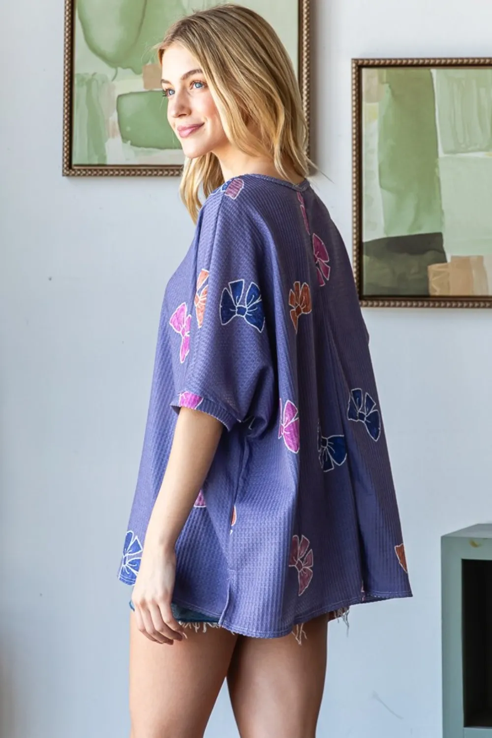 Bow Print Waffle Side Slit T-Shirt, image 5