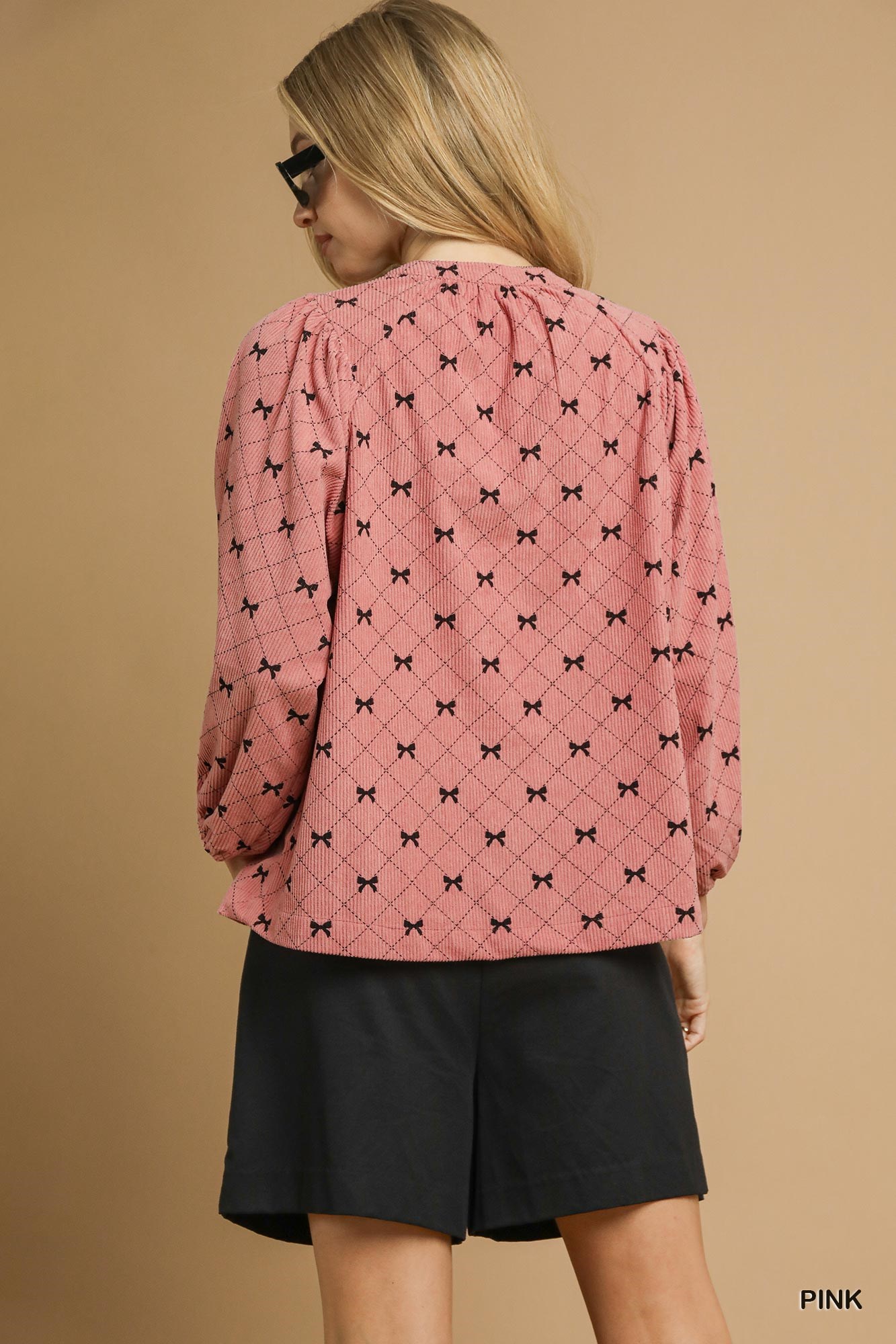 Corduroy Bow Print Balloon Sleeve Blouse, image 5