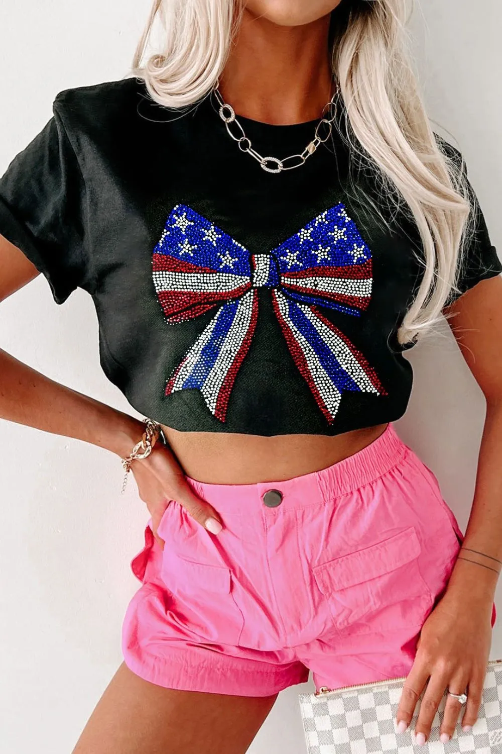 Bow Rhinestone Round Neck T-Shirt, image 5