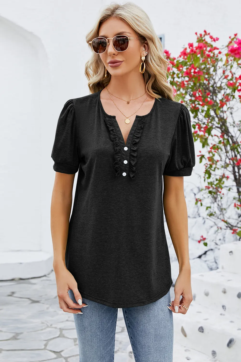 Frill Notched Short Sleeve Blouse, image 3
