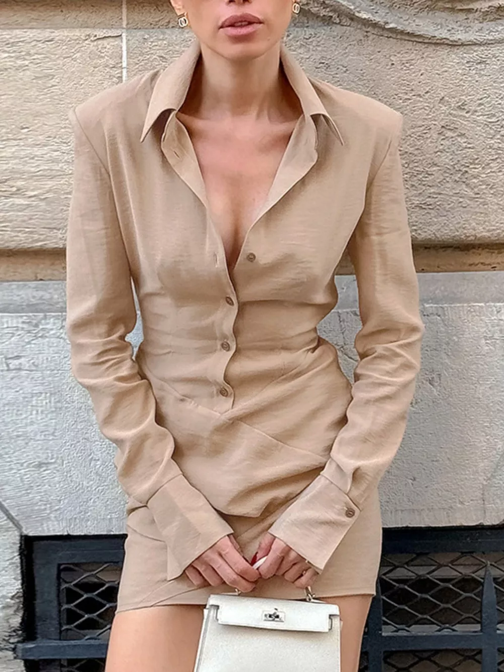 Button Front Long Sleeve Shirt Dress