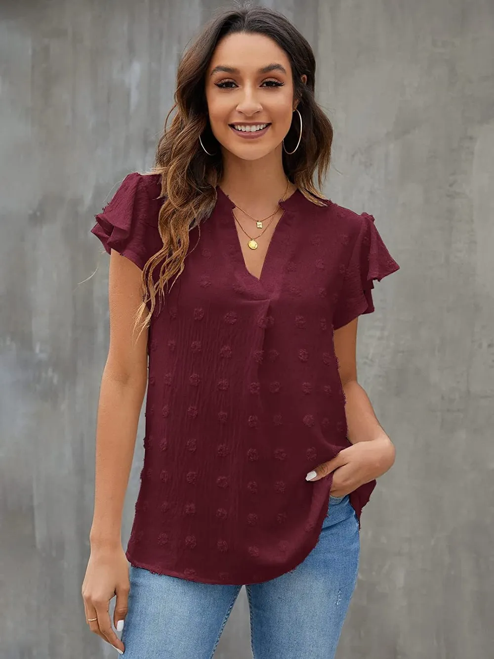 Swiss Dot Notched Flutter Sleeve Blouse, image 32