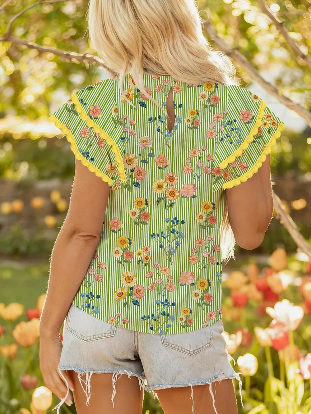 Stripe Floral Printed Scalloped Detail Ruffle Short Sleeve Blouse, image 2