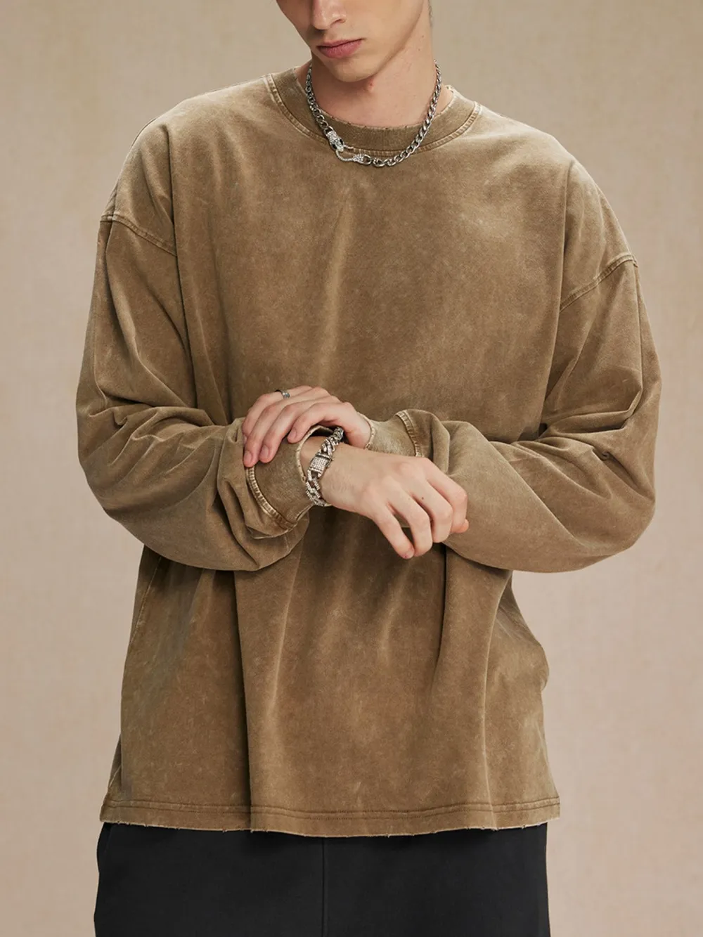 Men's Oversized Washed Round Neck T-Shirt, image 9