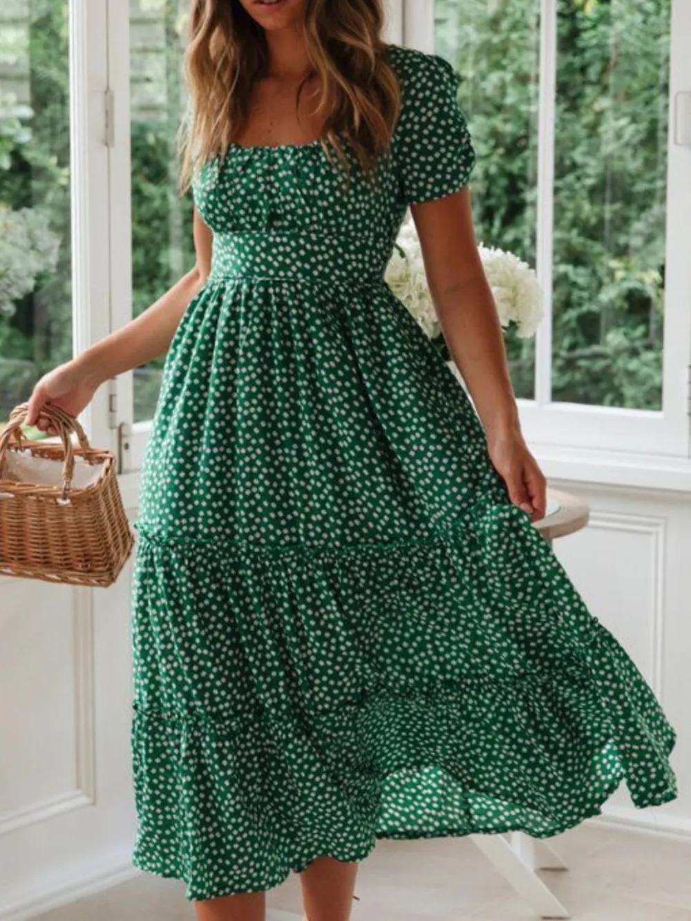 Printed Square Neck Short Sleeve Midi Dress, image 11